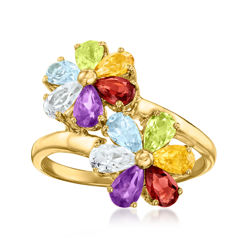 14kt yellow gold flower bypass ring with clustered multi-color gemstones