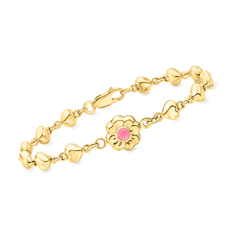 Vintage 14kt yellow gold bracelet with flower and heart links and pink stone accents