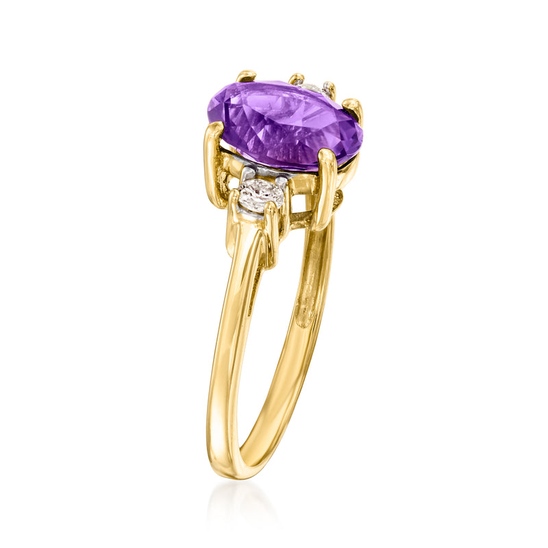 Amethyst oval ring with prong-set stone and diamond side accents, 14kt yellow gold