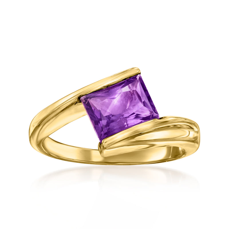 14kt yellow gold bypass ring with square amethyst gemstone in purple