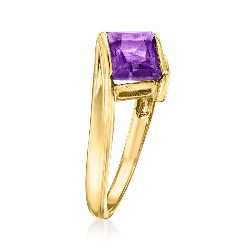 Side view of 14kt yellow gold bypass ring with purple square amethyst stone