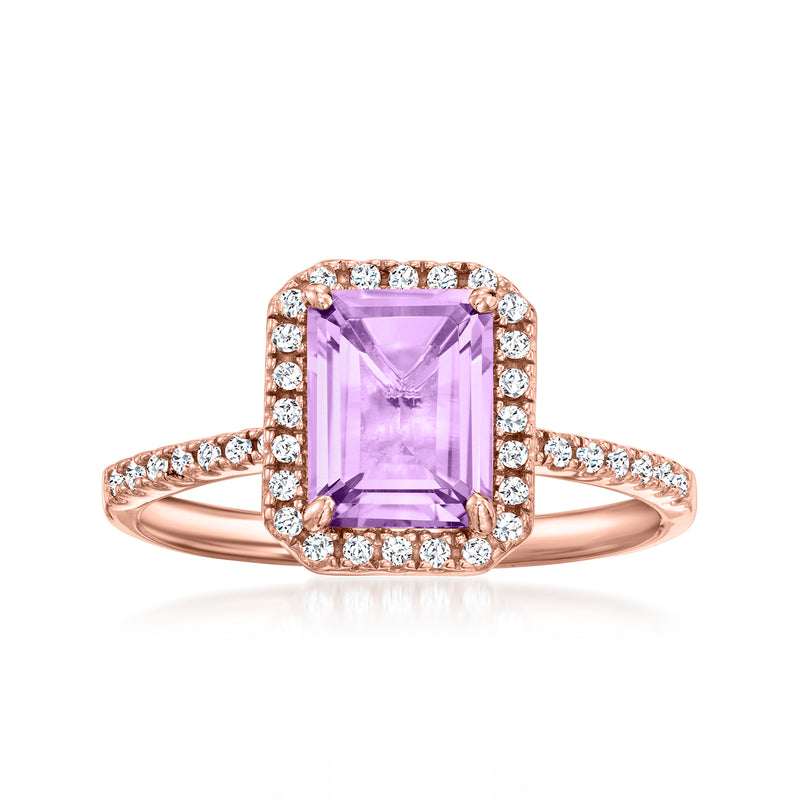 Amethyst-style gemstone ring in 10kt rose gold with halo of clear stones, square setting