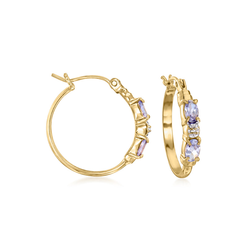 14kt yellow gold hoop earrings with purple tanzanite and small diamond accents