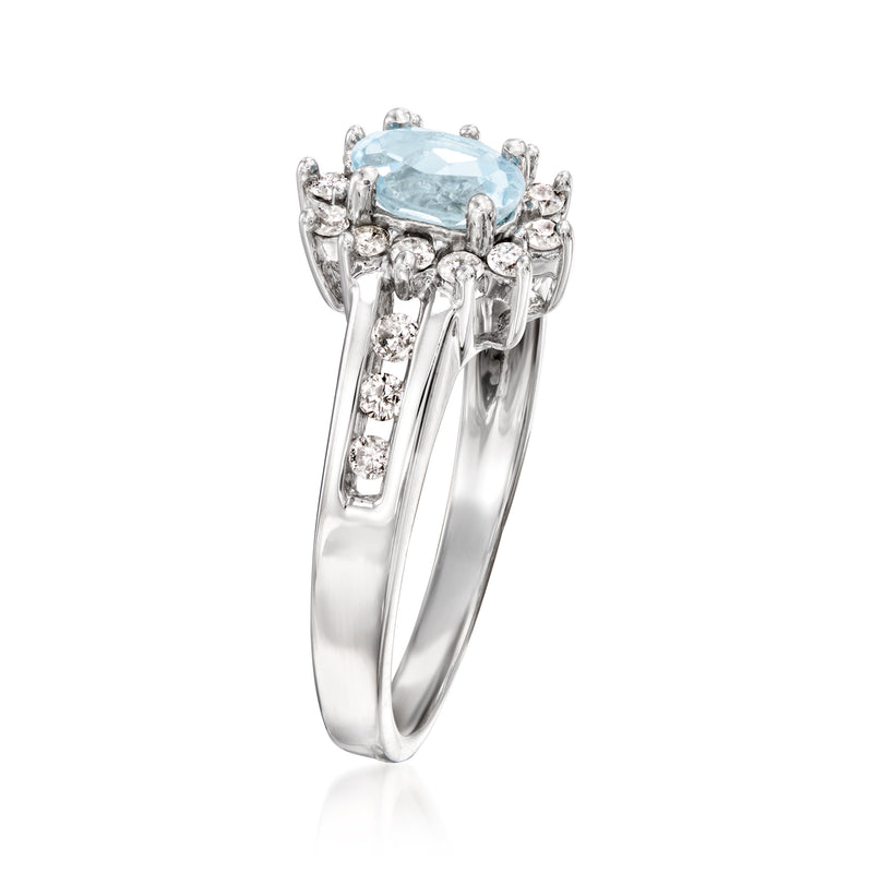 Vintage aquamarine oval diamond ring in 10kt white gold, side view