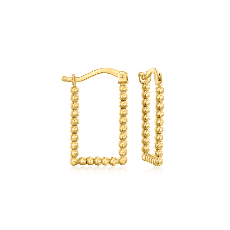 14kt yellow gold rectangular hoop earrings with a beaded perimeter