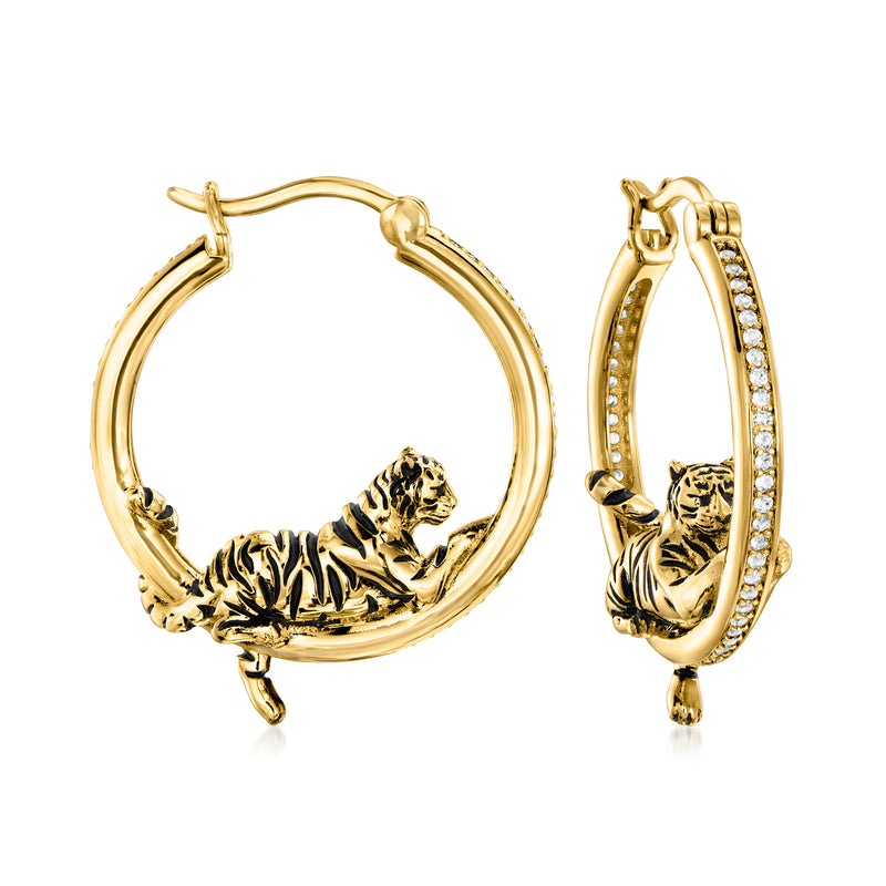 Gold hoop earrings with tiger charm and black enamel, small clear stone accents