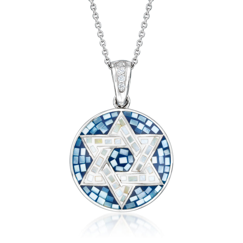 Sterling silver Star of David mosaic pendant with blue mother-of-pearl and white accents