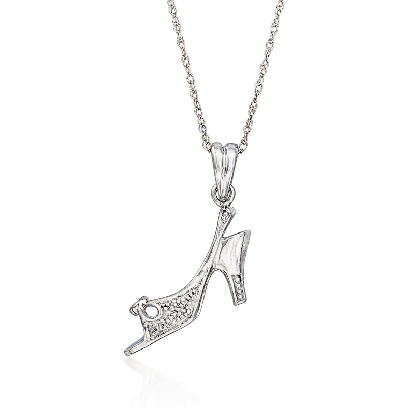 Vintage high heel pendant necklace in white gold, dangling shoe charm with gemstone detail.