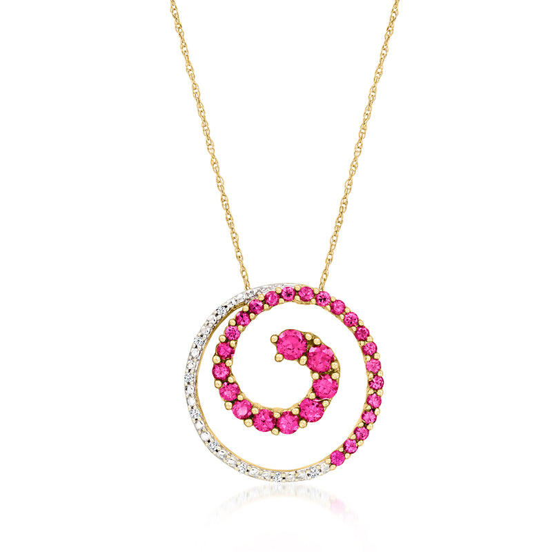 10kt yellow gold pendant necklace with pink swirl stones and diamond accents