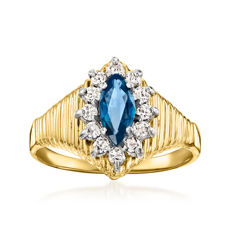 14kt yellow gold marquise sapphire ring with diamond halo and split shoulders