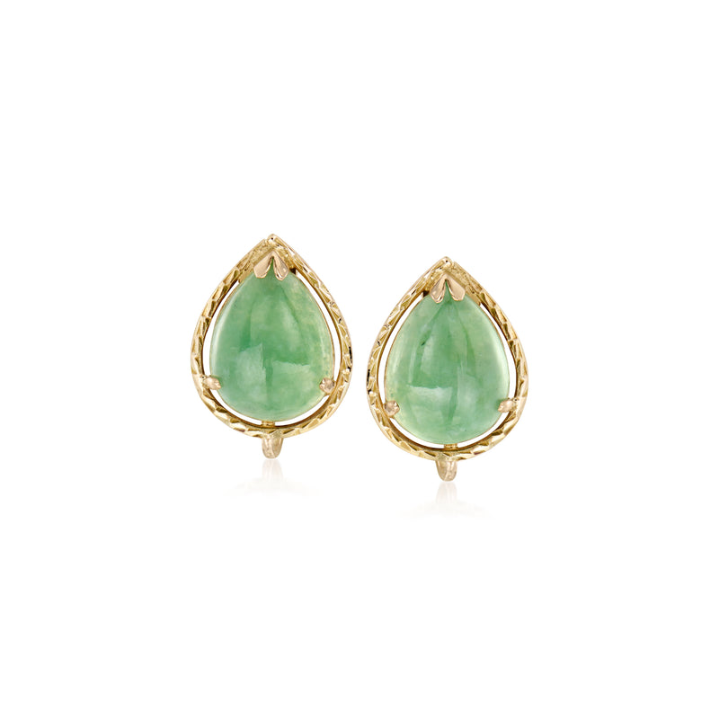 14kt yellow gold jade teardrop clip earrings with green cabochon.