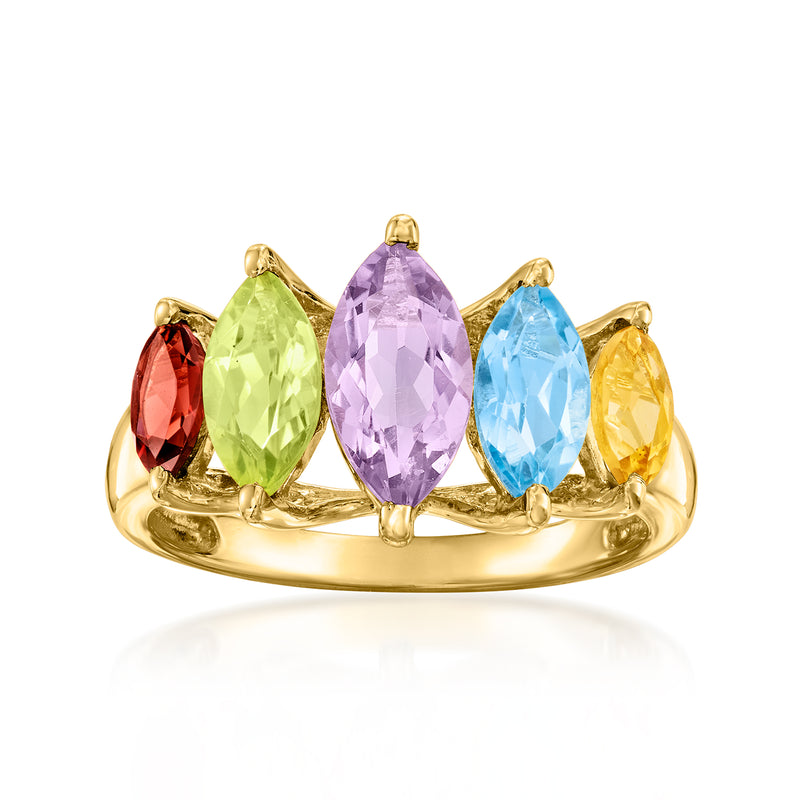 10kt yellow gold vintage ring with green, purple, blue, red marquise gemstones