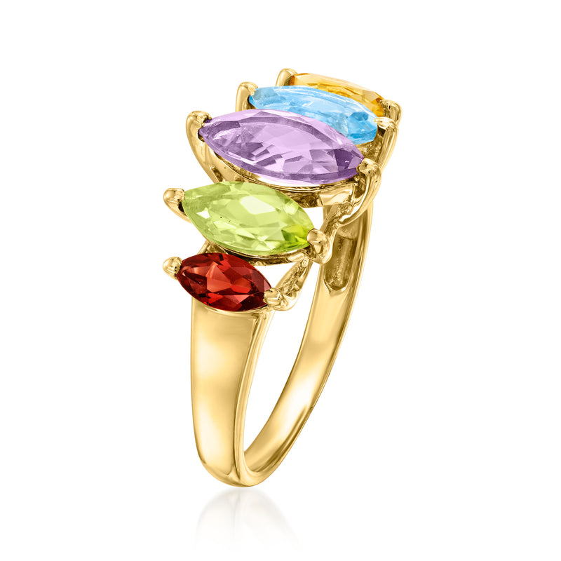 10kt yellow gold ring with purple center marquise and green, red, blue side gemstones