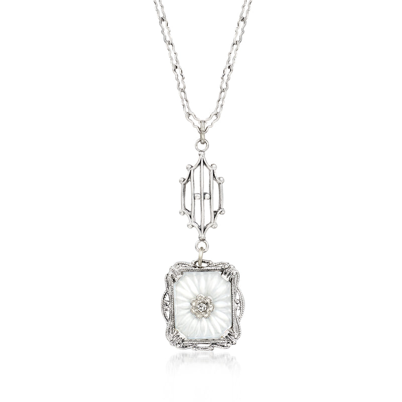 Sterling silver pendant necklace with rock crystal square cabochon and diamond accent