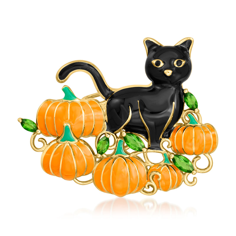 18kt gold over sterling enamel cat and pumpkin pendant, black cat with orange pumpkins