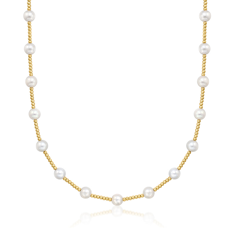 Cultured pearl beaded station necklace with white pearls and 14kt yellow-gold links