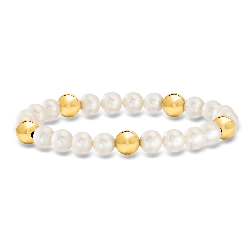 Cultured pearl and 14kt yellow gold bead stretch bracelet, round gold accents