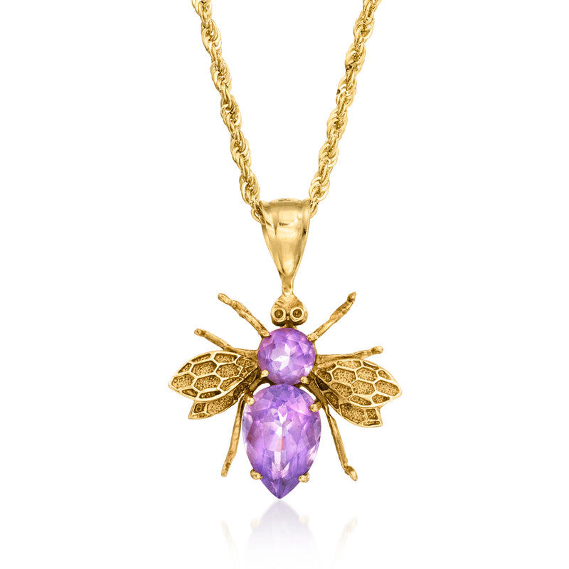 14kt yellow gold amethyst bumblebee pendant necklace with oval purple gemstones