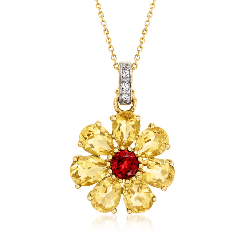 14kt yellow gold flower pendant necklace with citrine petals, garnet center, and diamond accents