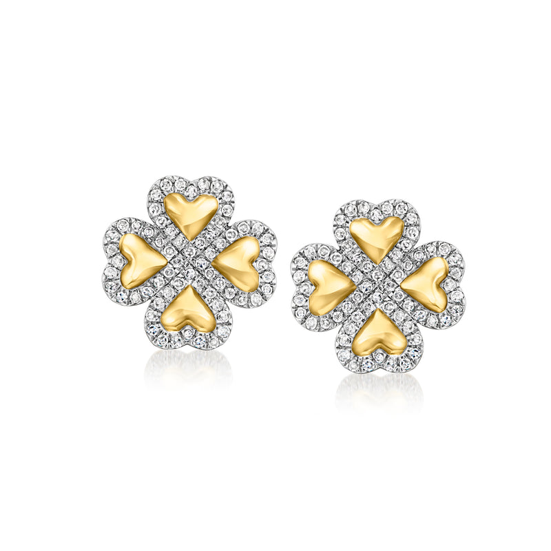 Diamond clover post earrings in gold over sterling, with heart-shaped petals