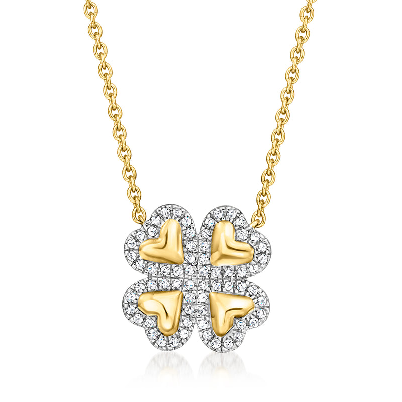 Diamond clover pendant necklace with gold heart-shaped petals on a chain