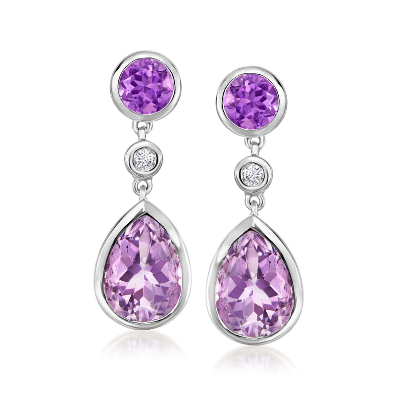 Sterling silver amethyst drop earrings with pear stones and round diamond accents