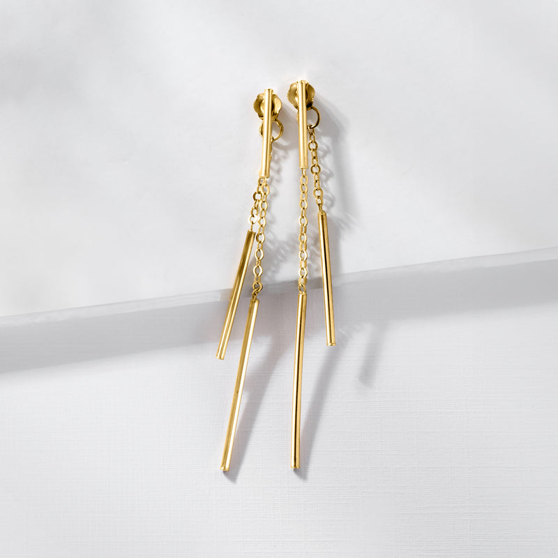 10kt yellow gold drop earrings, bar fronts with long chain drops, hook backs