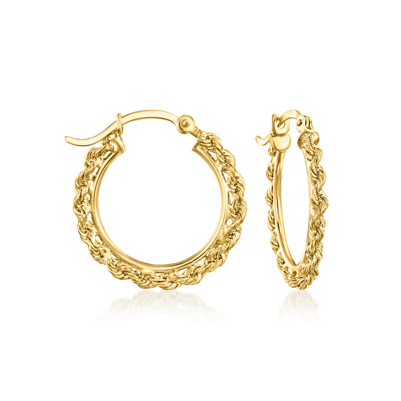 Yellow gold rope-chain hoop earrings, round hoops with textured link design