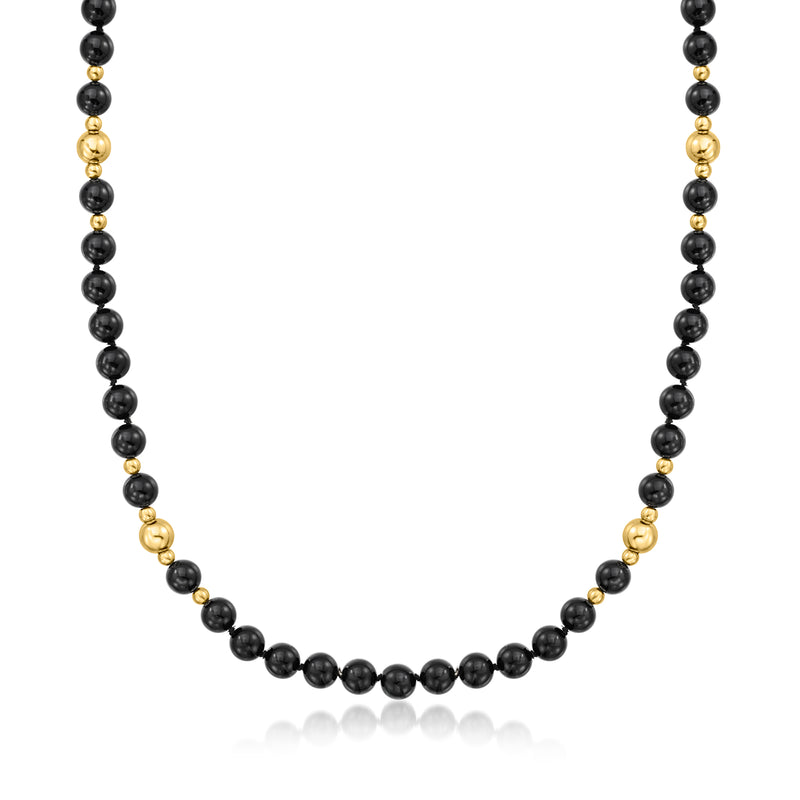 Vintage onyx bead necklace with black round beads and small 14kt yellow gold accents
