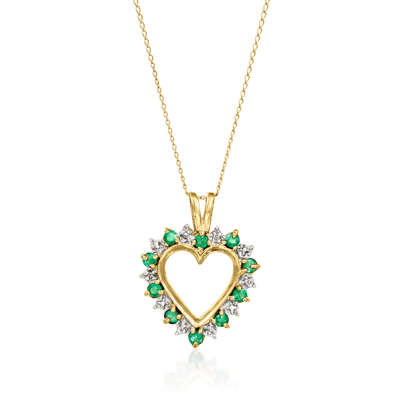 10kt yellow gold heart pendant necklace with emerald and diamond accents