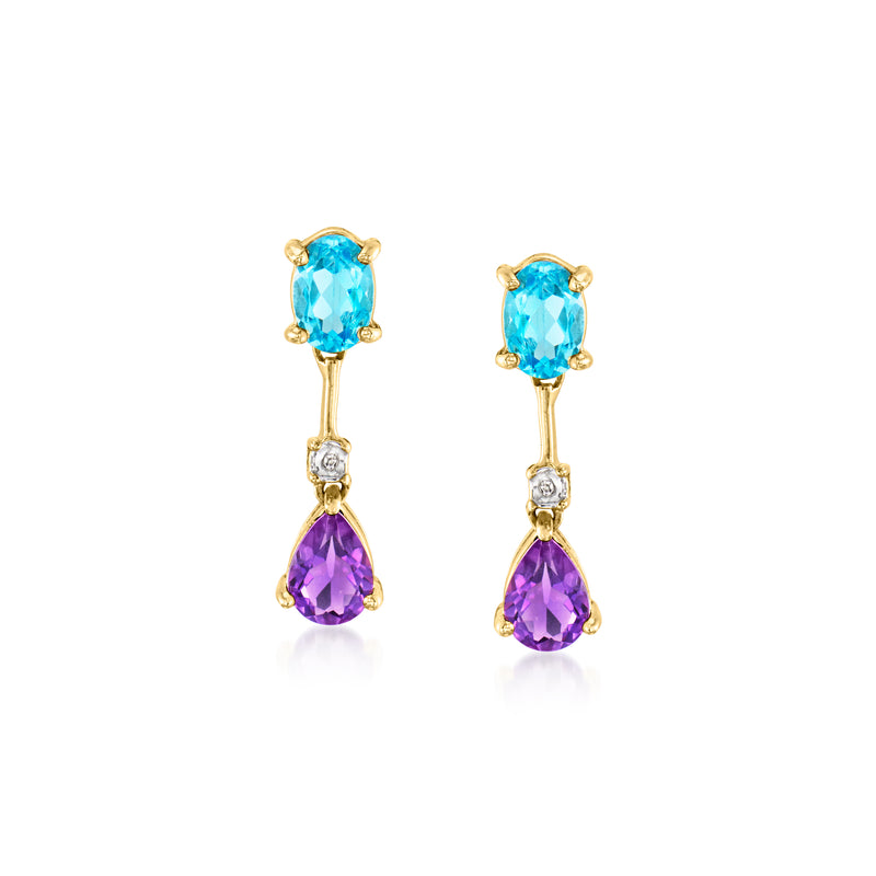 14kt yellow gold drop earrings with blue topaz, amethyst teardrops, and diamond accents