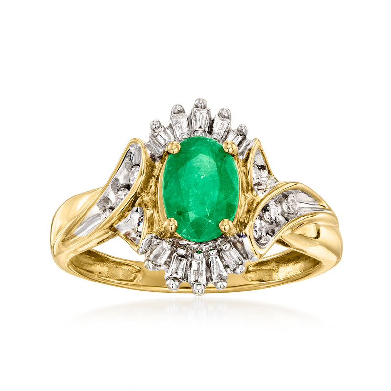 10kt yellow gold ring with oval green emerald and diamond halo