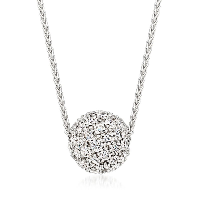 Diamond ball pendant necklace in white gold with twisted chain