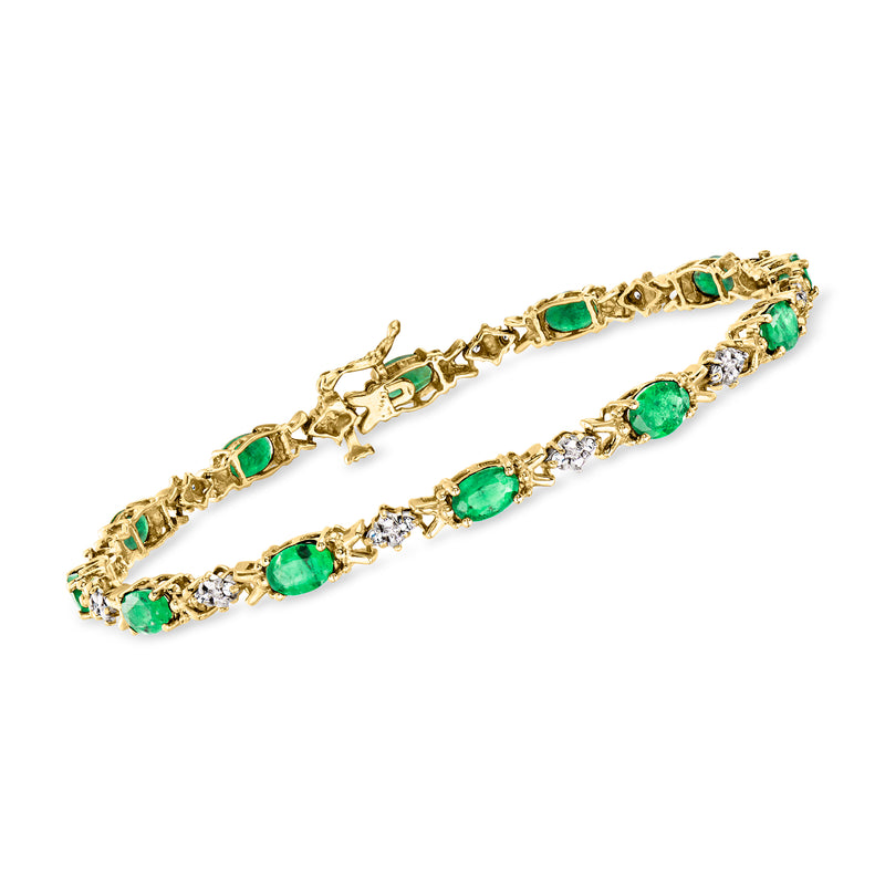 Vintage emerald and diamond tennis bracelet in 10kt yellow gold, green stones.