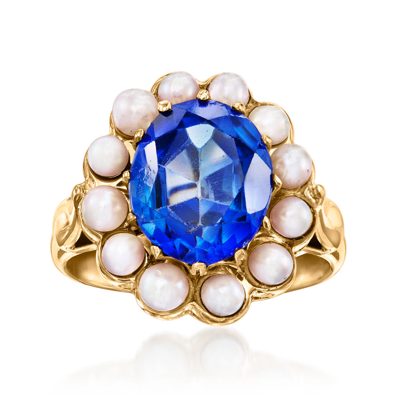 Vintage sapphire ring in 14kt yellow gold with oval blue stone and cultured pearls