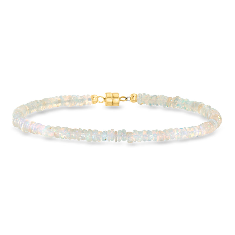 Opal bead bracelet with 14kt yellow gold magnetic clasp, pale opal beads.