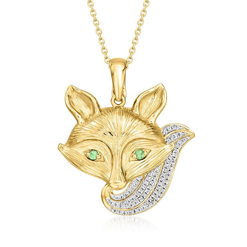 Fox pendant necklace in gold tone with diamond and green stone accents
