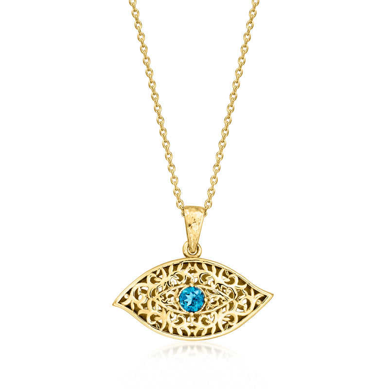 Gold evil-eye pendant necklace with blue gemstone center and filigree eye