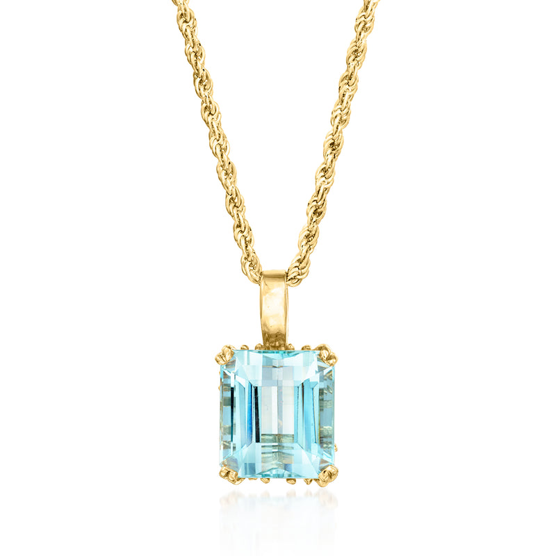 Vintage aquamarine pendant necklace, 14kt yellow gold chain with square-cut light-blue gemstone