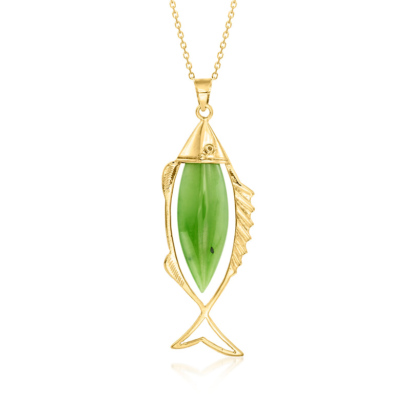 Vintage 14kt yellow gold fish pendant necklace with green nephrite stone
