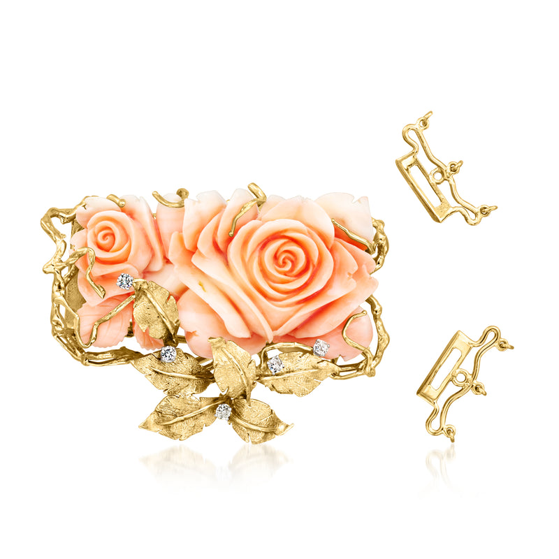 Gold floral pin with coral roses and diamond-set highlights; shows pin clasp hardware