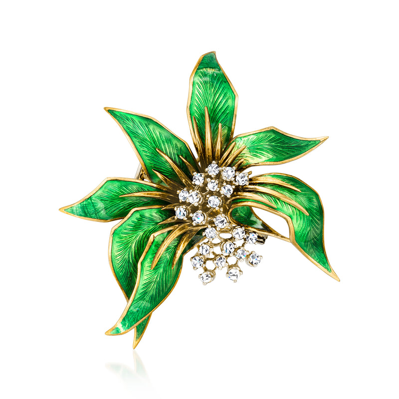 Vintage diamond leaf pin with green enamel, yellow gold tone, floral cluster detail