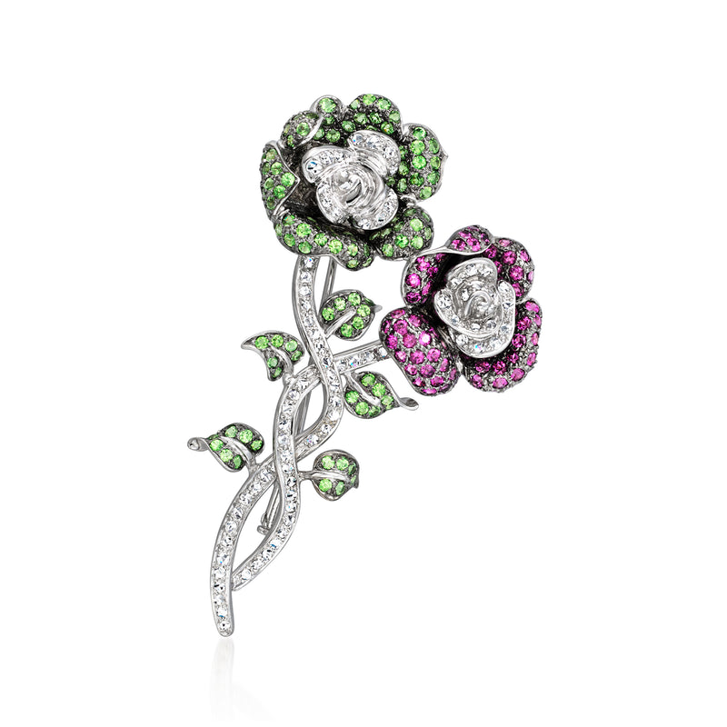 Vintage flower and vine lapel pin with green and pink gemstones and diamond accents
