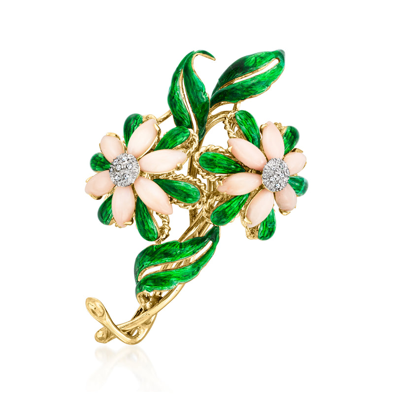 Vintage flower pin in yellow gold tone with green enamel leaves and clear stone centers