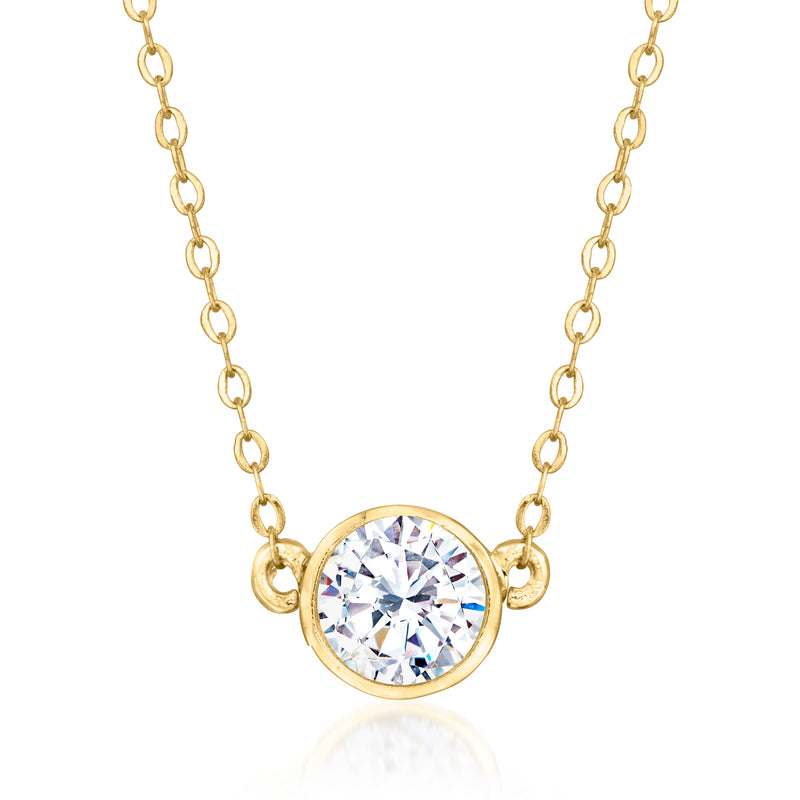 14kt yellow gold CZ pendant necklace with round bezel-cut CZ centerpiece on link chain