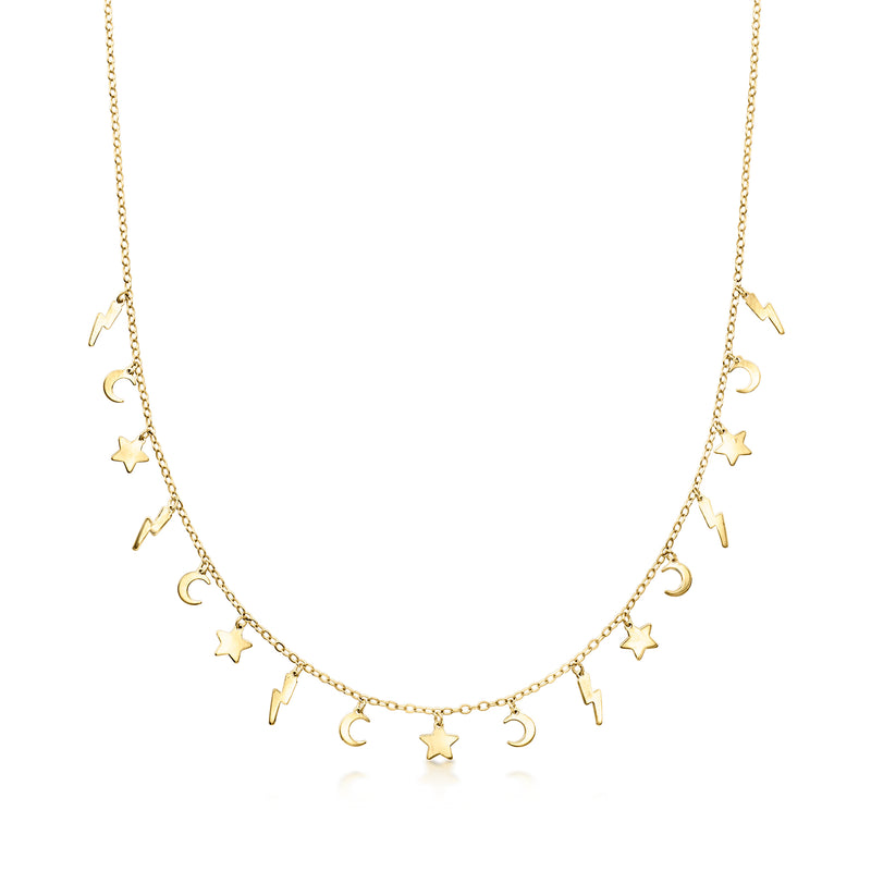 10kt yellow gold charm necklace with stars, moons, and celestial symbols