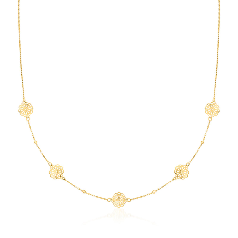 10kt yellow gold flower station necklace with five daisy charms on link chain