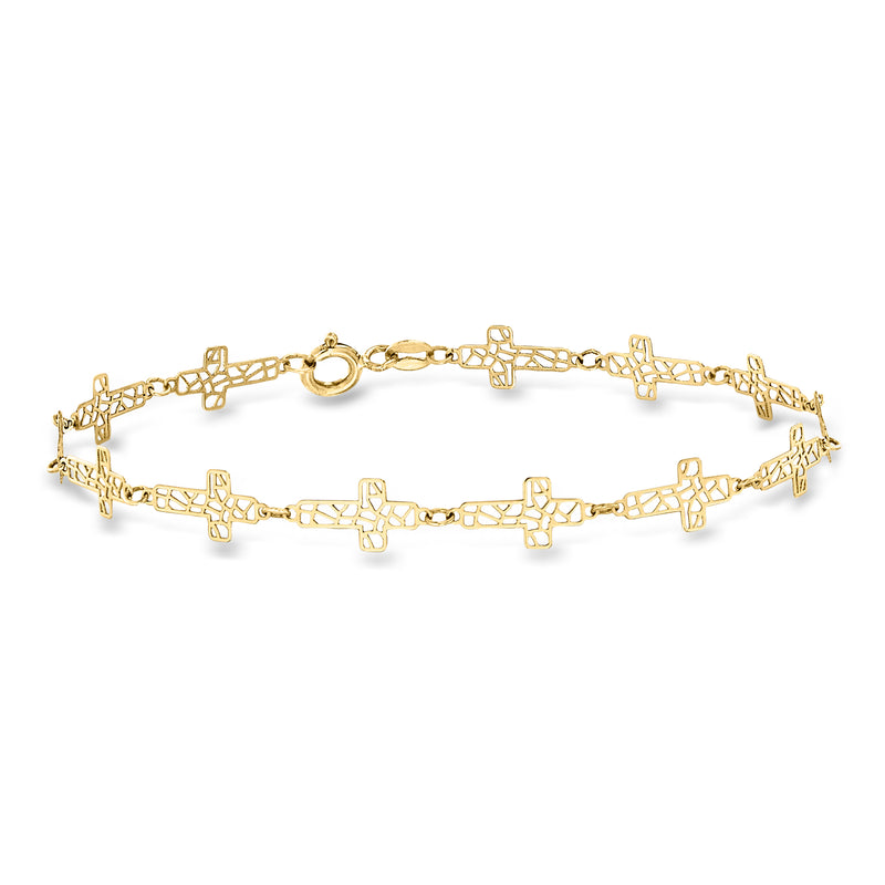 Yellow gold openwork cross station bracelet with link chain and round clasp