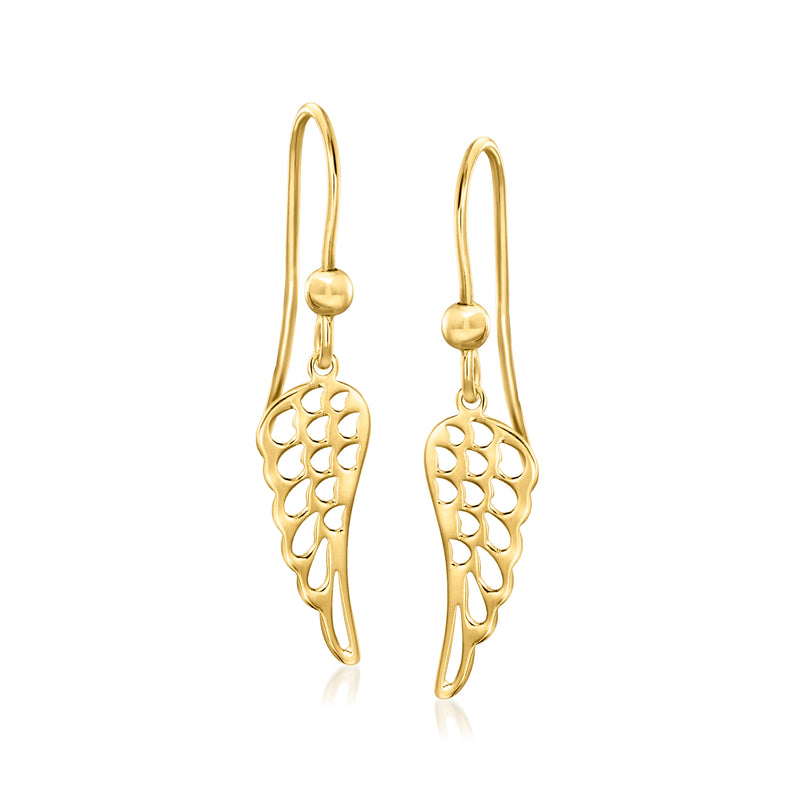 10kt yellow gold angel wing drop earrings, filigree charm with hoop earwires