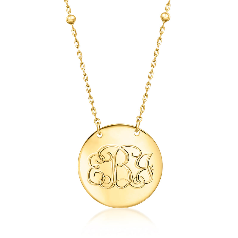 10kt yellow gold necklace with round monogram disc pendant and bead station links